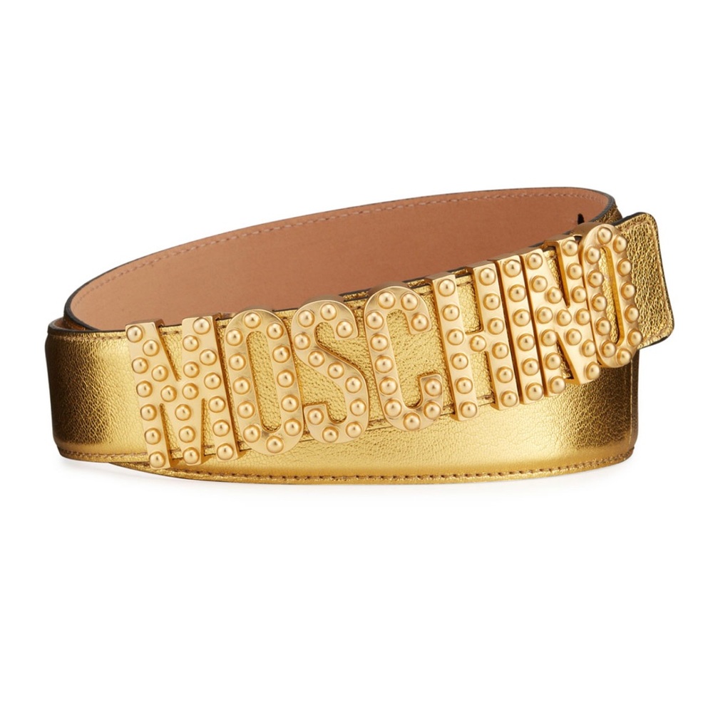 Moschino Metallic Gold Studded Logo Belt